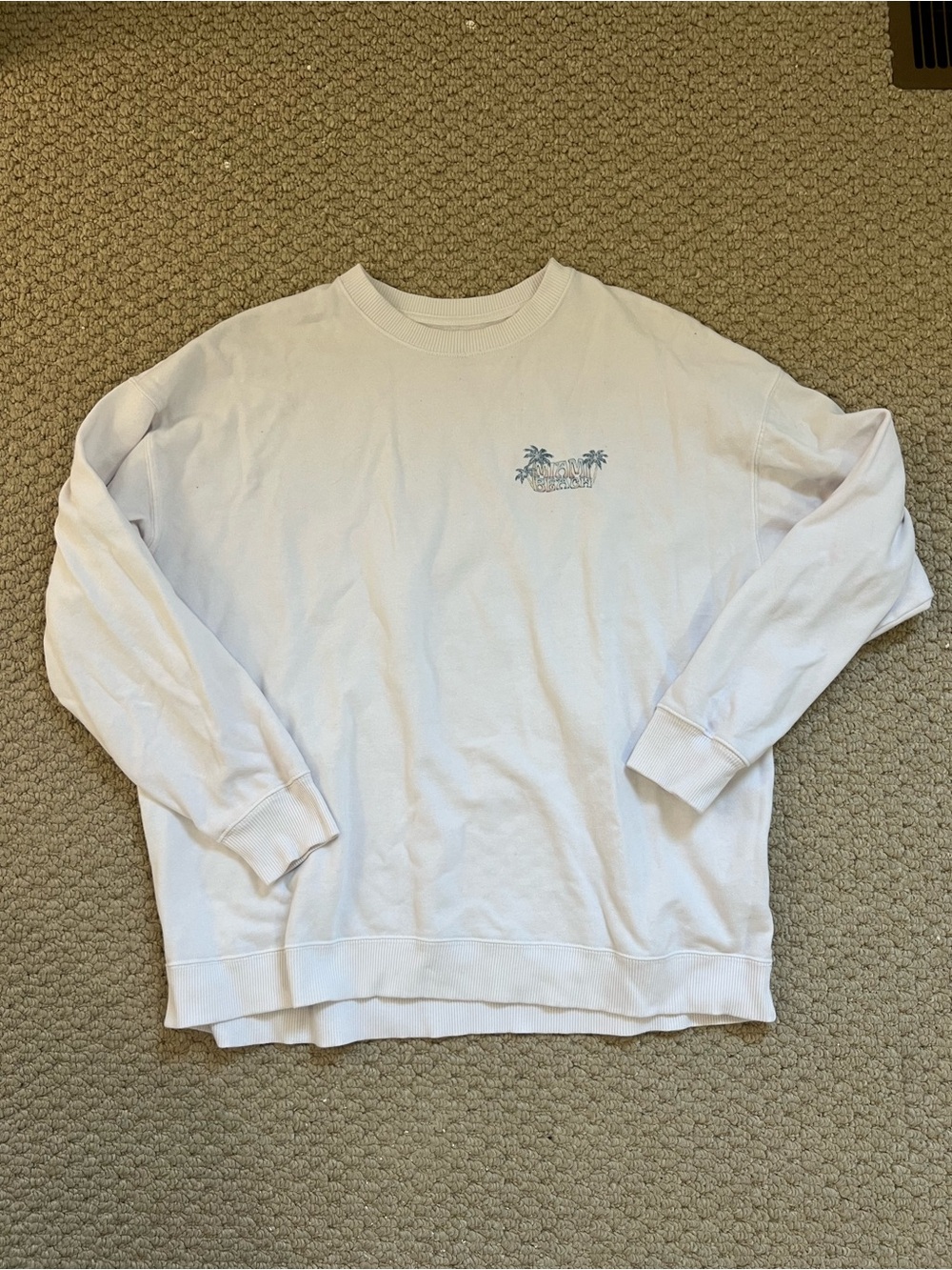 Hollister White Crewneck Sweatshirt with Small Blue Palm Graphic